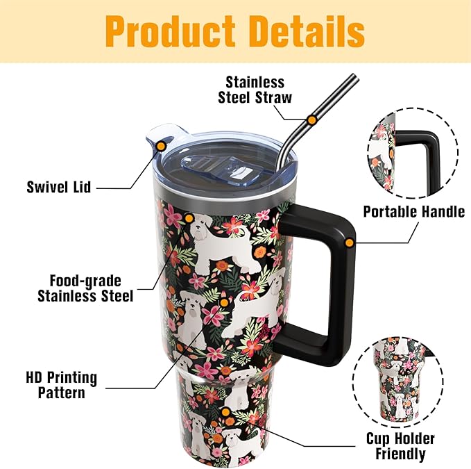 Schnauzer Gifts for Women Dog Lovers 40 oz Floral Schnauzer Tumblers with Handle and Straw, Stainless Steel Vacuum Insulated Travel Coffee Mug Cup Water Bottle