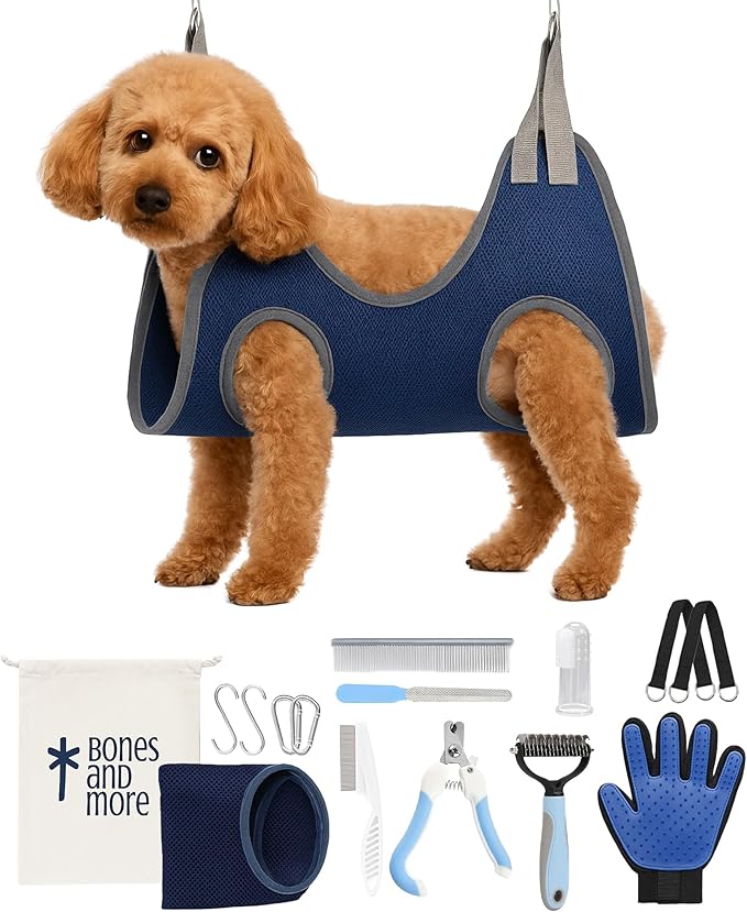 Grooming Hammock Kit for Dogs & Cats, Includes Hammock Harness, Nail Clippers, Nail File, Grooming Glove, Dematting Comb, S-Hooks, Carabiners & Storage Bag for Easy Home Grooming small (75ร49) cm