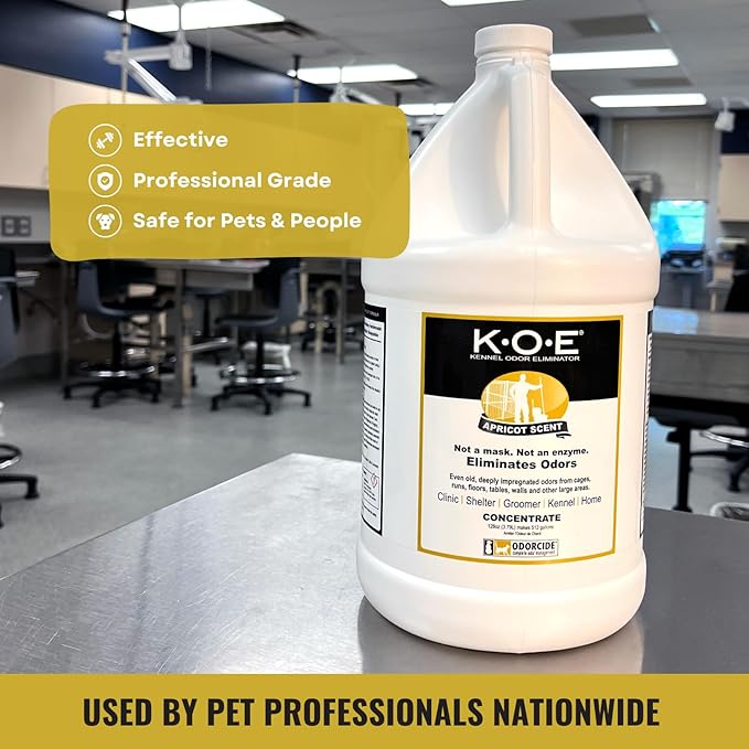 Odorcide K.O.E. Apricot Odor Eliminator Concentrate 128 oz for Strong Odor for Cages, Runs & More – Pet Odor Eliminator for Home & Kennel w/Safe, Non-Enzymatic Formula