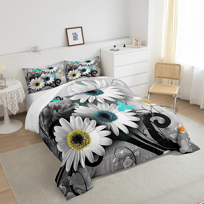 Rustic Daisy Quilt Set King,Farmhouse Floral Blue Butterfly Bedding Comforter Set for Kids Girls Teens Women King,Hippie Black Gray Marble Comforter,Pastoral Countryside Flower Quilted Duvet 3 Pcs