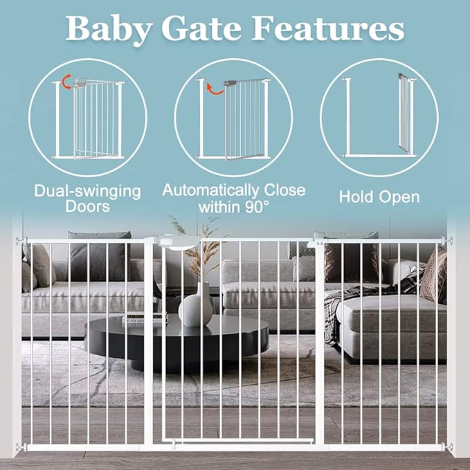 WAOWAO Triple Lock Baby Gate Extra Wide 81.49-85.82" Pressure Mounted Walk Through Swing Auto Close Safety White Metal Dog Pet Puppy Cat for Stairs,Doorways,Kitchen