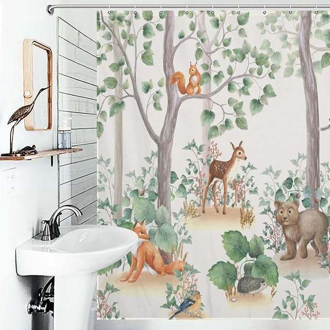 Rustic Woodland Shower Curtains for Bathroom Decor, Cute Cartoon Forest Wild Animal Bear Deer Fox Pattern Decor Print Bath Drapes Set with Hooks, Waterproof Fabric Windows Treatment, 72x72in