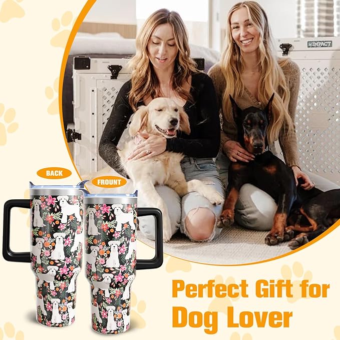 Schnauzer Gifts for Women Dog Lovers 40 oz Floral Schnauzer Tumblers with Handle and Straw, Stainless Steel Vacuum Insulated Travel Coffee Mug Cup Water Bottle