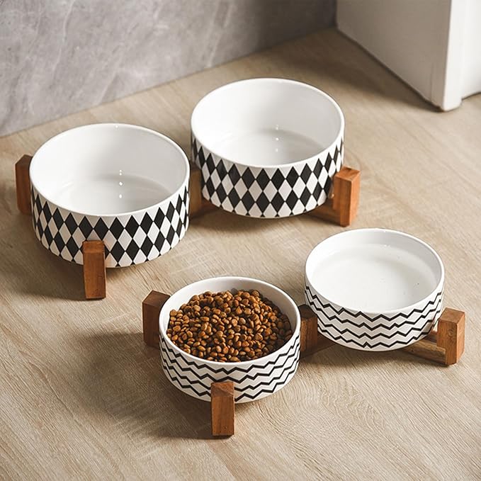 Petygooing Ceramic Dog Cat Bowl Set with Stand, Pet Food and Water Dishes,Small Dog Bowls Anti-Slip Set of 2 Cat Bowls-Pet Food Bowl- Pet Dish Small Medium Size Pet (28OZ/6.1 in) Black Rhombus