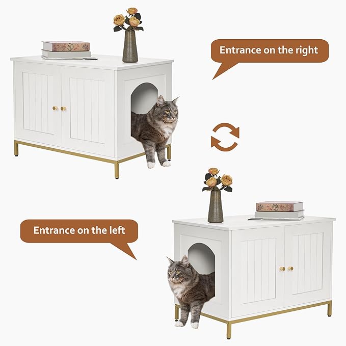 Homhedy Cat Litter Box Enclosure, Cat Washroom Furniture with Metal Frame, Pet House, Fit Most of Litter Box, Modern Style, White and Gold