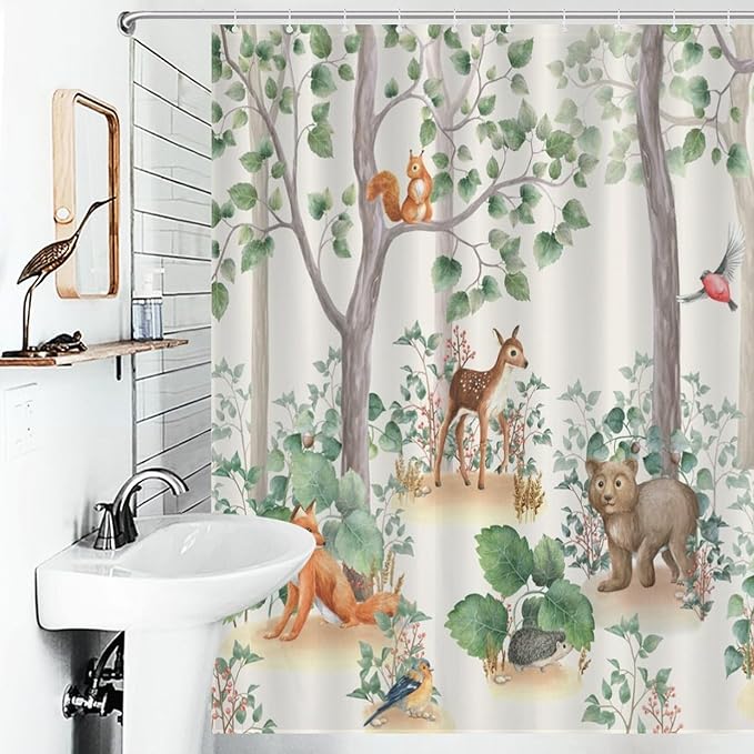Rustic Woodland Shower Curtains for Bathroom Decor, Cute Cartoon Forest Wild Animal Bear Deer Fox Pattern Decor Print Bath Drapes Set with Hooks, Waterproof Fabric Windows Treatment, 66x72in