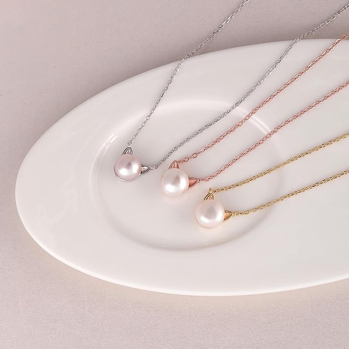 S.Leaf Cat Pearl Necklaces For Women Sterling Silver Cat Lovers Lady Gifts Pearl Opal Jewelry Pendant Collarbone Charm Necklace Best Friend Birthday Gifts for Women Trendy Sister Mom Wife Womens Her Friend Party