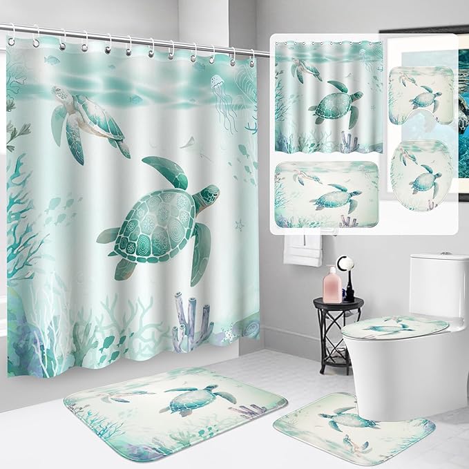 Sea Turtle Shower Curtain Set for Bathroom with Non Slip Rug, Toilet Lid Cover and Bath Mat, Blue Ocean Beach Summer Shower Curtain 71"×71" Waterproof Polyester Fabric Bathroom Home Decor with 12 Hook