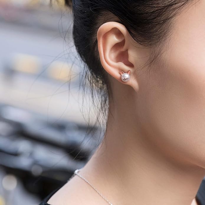 S.Leaf Cat Earrings Pearl Earrings Sterling Silver Earrings for Women Cat Memorial Gifts Cat Gifts for Cat Lovers Cat Jewelry for Women