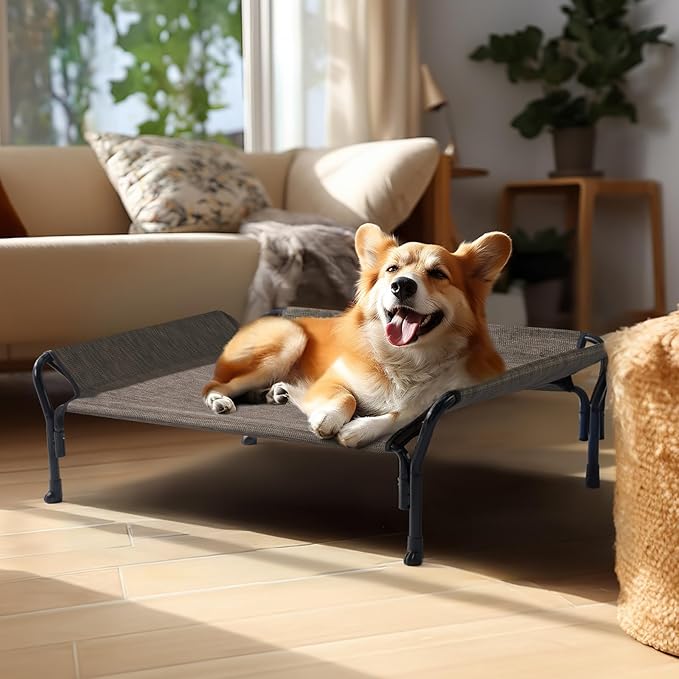 Veehoo Medium Elevated Dog Bed, Guardrail, Non-Slip, Chewproof, Washable & Breathable Teslin Mesh, Brown