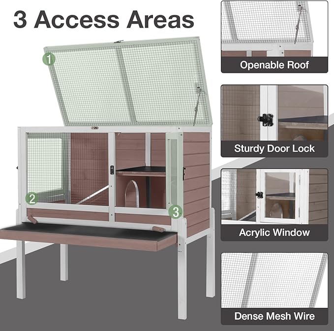 Guinea Pig Cage Indoor with Cool Zinc Plate Rabbit Hutch with Wheels and Removable Proof Tray Elevated Legs Hamster Cage with Chew-Resistant Metal Frame 36.6" L(Brown)