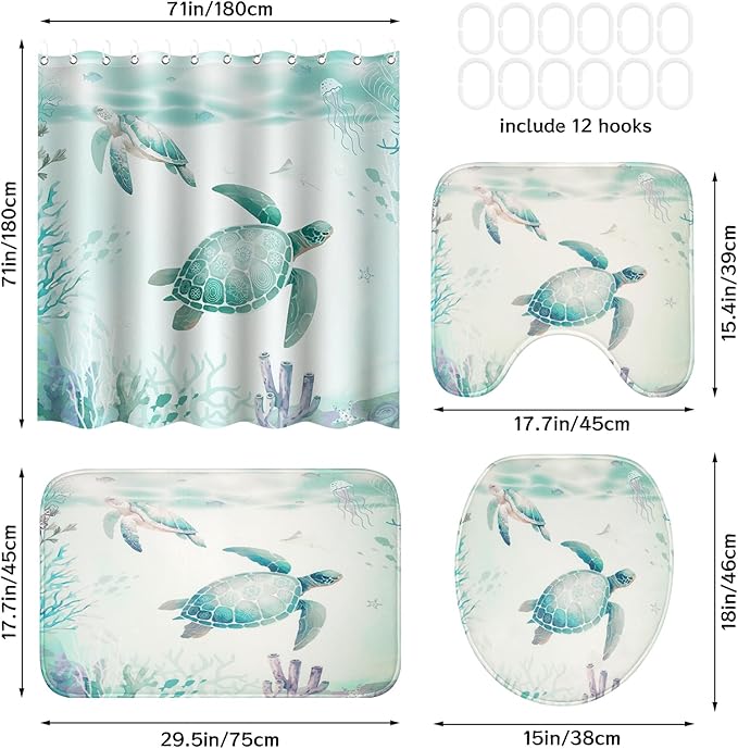 Sea Turtle Shower Curtain Set for Bathroom with Non Slip Rug, Toilet Lid Cover and Bath Mat, Blue Ocean Beach Summer Shower Curtain 71"×71" Waterproof Polyester Fabric Bathroom Home Decor with 12 Hook
