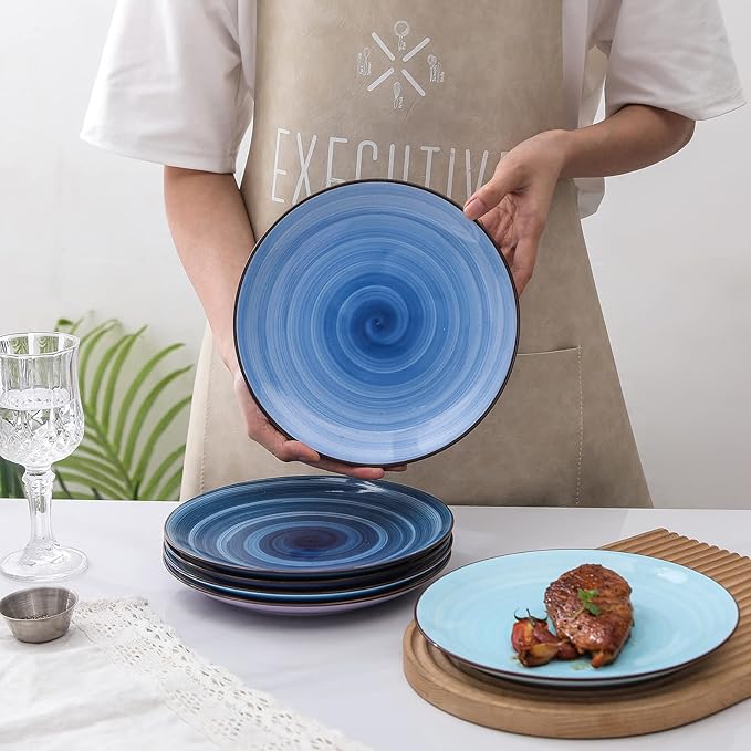 Selamica Ceramic 8 inch Dinner Plates, Small Dessert Salad Plates, Porcelain Serving Plate for Appetizer, Pancakes, Steak, Set of 6, Black Speckles, Gradient Blue
