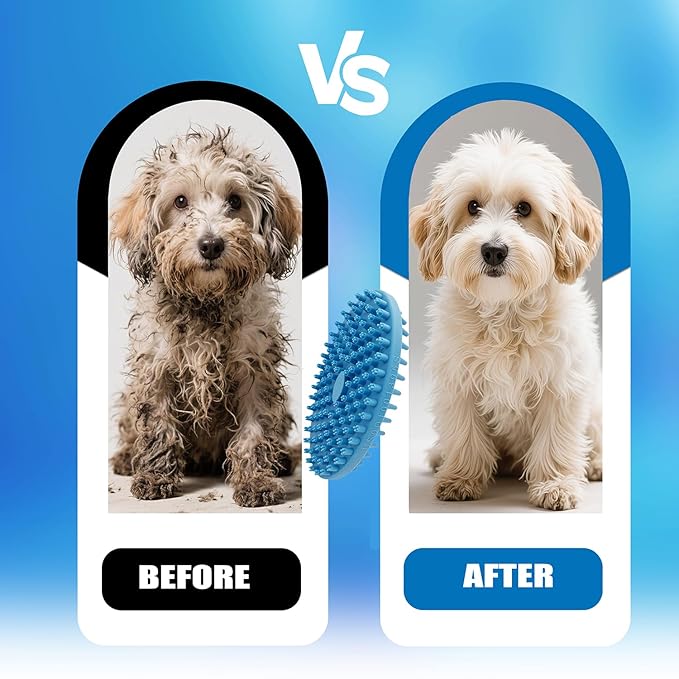 Dog Grooming Brush, Lilpep Pet Shampoo Bath Brush Soothing Massage Rubber Comb with Adjustable Ring Handle for Long Short Haired Dogs and Cats (2 pale blue, 2 sided brush)