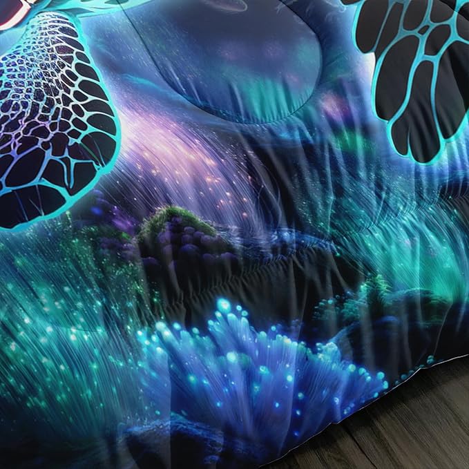 Sea Turtle Comforter Kids Bedding Set Full Size,Glowing Waterweed Moon Flash Print Comforter Set for Kids Teens Boys Girls Room Decor,Nautical Reptile Animal Bedding Set with 2 Pillowcases.