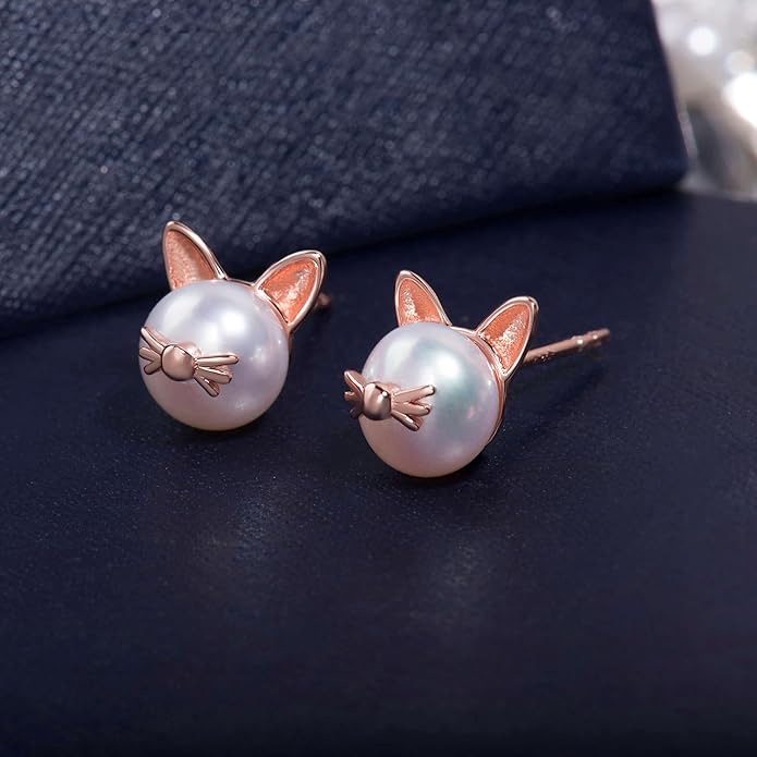 S.Leaf Cat Earrings Pearl Earrings Sterling Silver Earrings for Women Cat Memorial Gifts Cat Gifts for Cat Lovers Cat Jewelry for Women