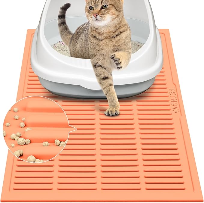 Rubber Litter Box Mat: Cute Cat Litter Trapping Mat - Peach Pink Easy Clean Kitty Litter Catcher Mat for Floor - Waterproof Litter Tracking Mat (24” x 15”)
