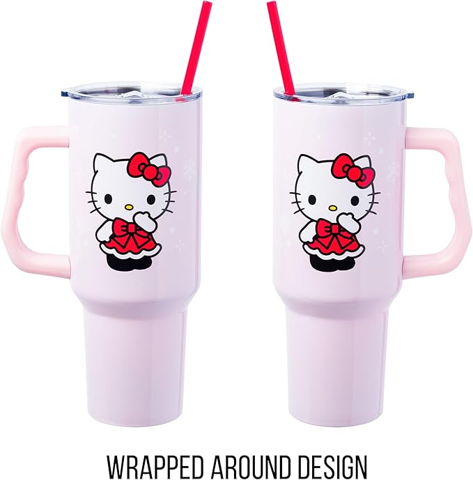 Silver Buffalo Sanrio Hello Kitty Christmas Holiday Dress and Matching Bow Snowflakes Stainless Steel Tumbler with Handle and Straw, Fits in Standard Cup Holder, 40 Ounces