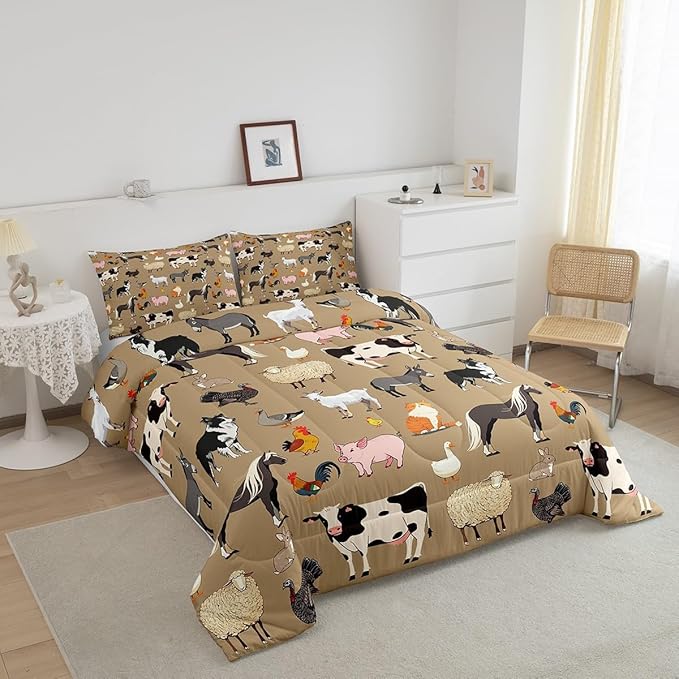 Rustic Farmhouse Bedding Comforter Sets for Kids King Bedding Set Cute Farm Aniamls Comforter Set for Boys Girls Youth Adults,Funny Horse Sheep Milk Cow Duvet Insert Cartoon Animal Themed Quilt