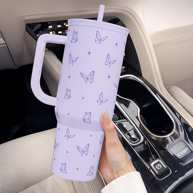 SANDJEST Butterfly Gifts for Women, Butterfly Tumbler with Handle, Stainless Steel Insulated Coffee Travel Mug Cup, Gifts for Women Girls on Birthday Christmas, 40oz