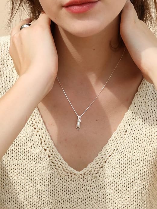 S.Leaf Sterling Silver Cat Necklace - Kitten Jewelry for Women, Cat Mom Gifts