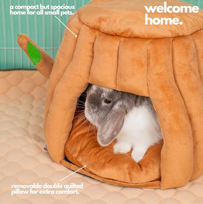 Hopp'd™ Guinea Pig Hideout & Bed – 2-in-1 Washable Tree Stump House | Rat, Ferret, Hamster, Bunny Bed Hideout | Waterproof, Anti-Slip, Chew-Proof | Free Pillow | Small Animal Accessories (Large)