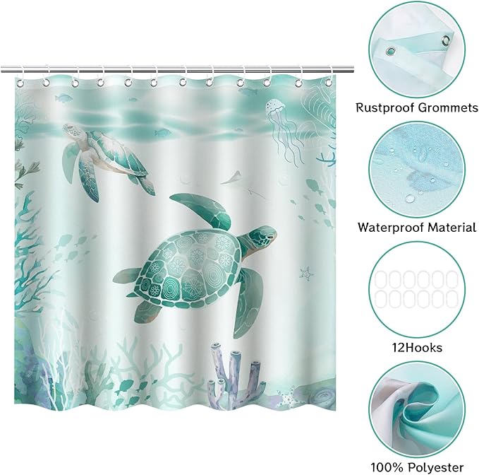 Sea Turtle Shower Curtain Set for Bathroom with Non Slip Rug, Toilet Lid Cover and Bath Mat, Blue Ocean Beach Summer Shower Curtain 71"×71" Waterproof Polyester Fabric Bathroom Home Decor with 12 Hook