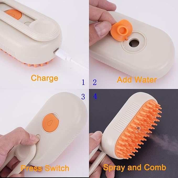 Self Cleaning Brush for Pet Grooming - 3 In 1 Steam Brush with Massage and Water Spray, Rechargeable Silicone Brush for Cats and Dogs