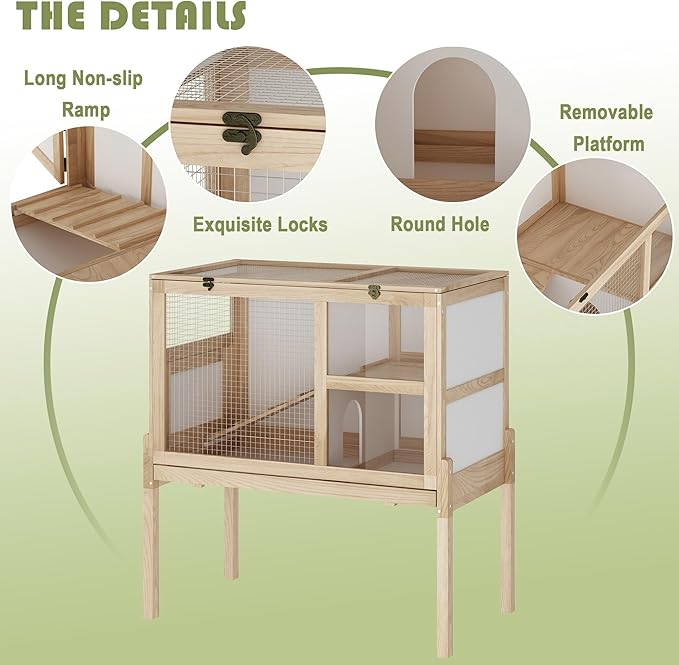 Guinea Pig House for 2 with Stand, Small Animals Rabbit Cages with a Pull Out Tray, Wooden 2-Story Indoor Large Hamster Habitat Playpen with Ramp, Hideout, Platform
