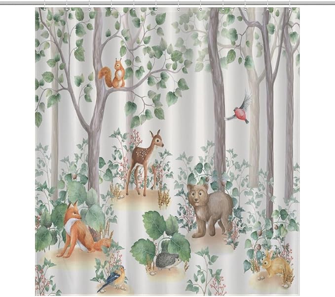 Rustic Woodland Shower Curtains for Bathroom Decor, Cute Cartoon Forest Wild Animal Bear Deer Fox Pattern Decor Print Bath Drapes Set with Hooks, Waterproof Fabric Windows Treatment, 66x72in
