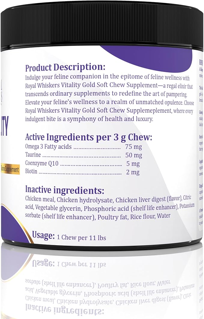 Royal Whisker Cat Vitamins - Omega-3 Rich, Taurine Enriched, CoQ10 Infused Soft Chews - Premium Vitamins for Indoor Cats - All-Natural, Vet-Formulated - USA Made for Feline Health - 90 Count (270g)
