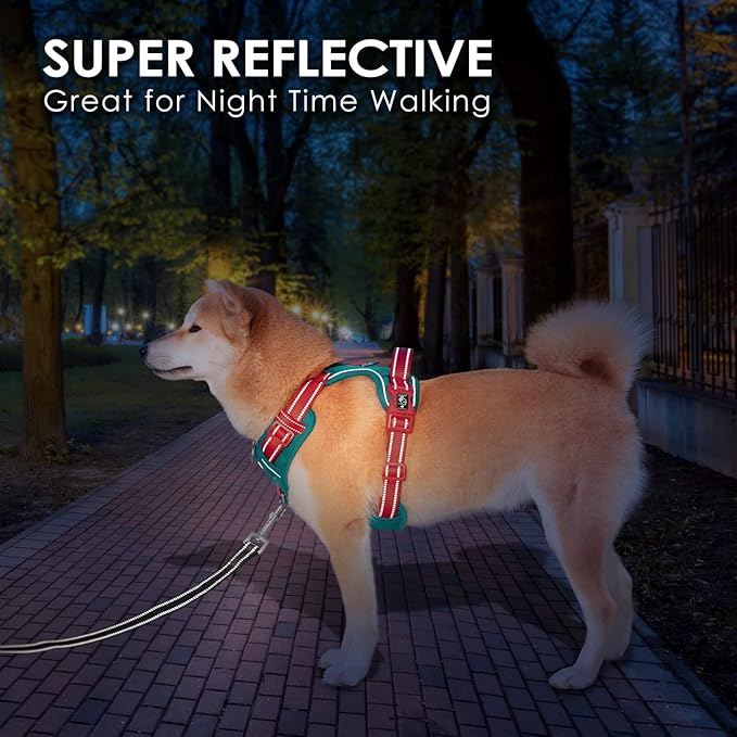 PHOEPET No Pull Dog Harness, Unique Colors Reflective Adjustable Dog Vest, with Soft Training Handle Metal Clips for Small Medium Large Dogs (Dark Green Base & Red Straps,S)