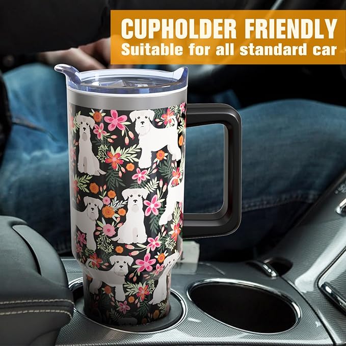 Schnauzer Gifts for Women Dog Lovers 40 oz Floral Schnauzer Tumblers with Handle and Straw, Stainless Steel Vacuum Insulated Travel Coffee Mug Cup Water Bottle