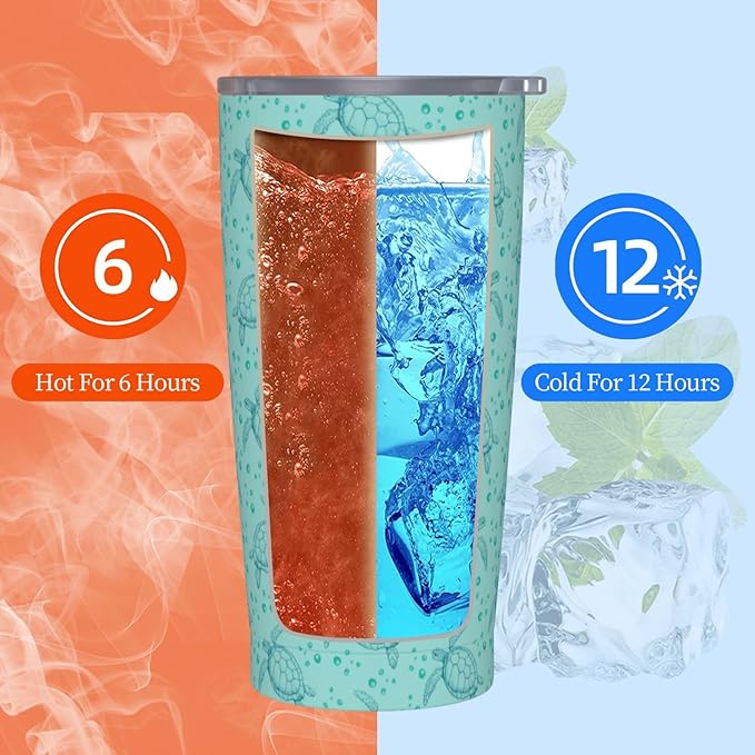 Sea Turtle Tumbler Blue Ocean Stainless Steel Insulated Tumblers with Lid Straw Reusable Turtles Coffee Travel Mug Tea Drinking Water Wine Cups Birthday Gifts for Women 20 Oz