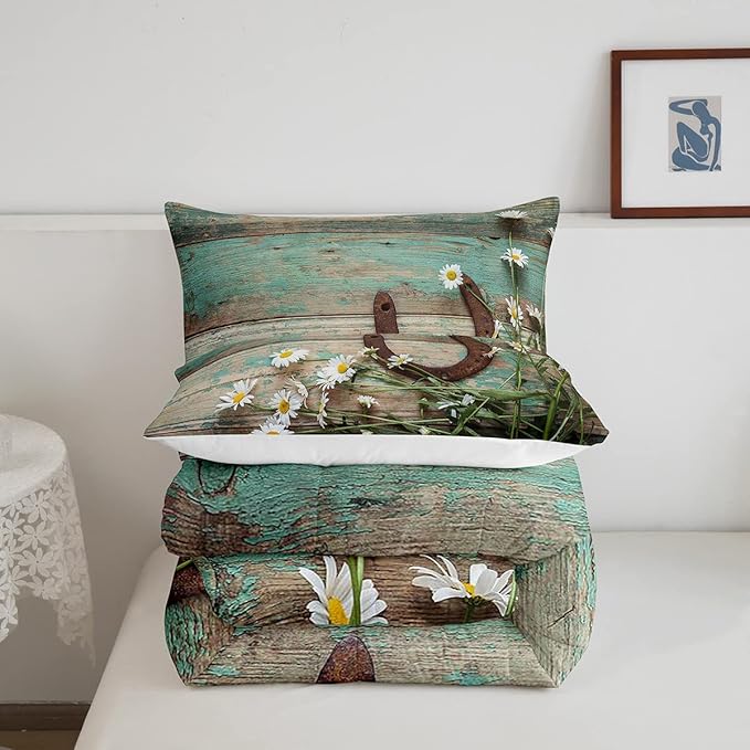 Rustic Farmhouse Bedding Set Teal Country Wooden Barn Door Down Comforter Queen Western Horseshoe Daisy Decor Comforter Set for Kids Boys Girls Teen Cowboys Cowgirls Quilt Duvet Sets 2 Pillow Cases