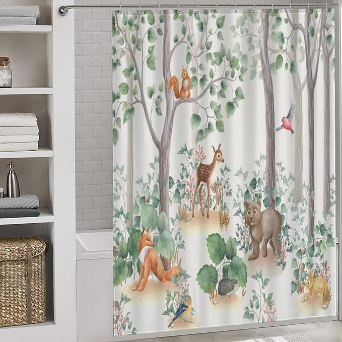 Rustic Woodland Shower Curtains for Bathroom Decor, Cute Cartoon Forest Wild Animal Bear Deer Fox Pattern Decor Print Bath Drapes Set with Hooks, Waterproof Fabric Windows Treatment, 66x72in