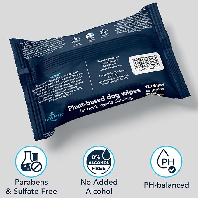 NOVEHA Dog Wipes - Odor Eliminating and Cleaning Grooming Wipes for Dog's Paws, Body, and Butt - Perfect for Puppy and Adult Dogs - Plant-Based, Safe, Convenient & Large Unscented Wipes (120 Counts)