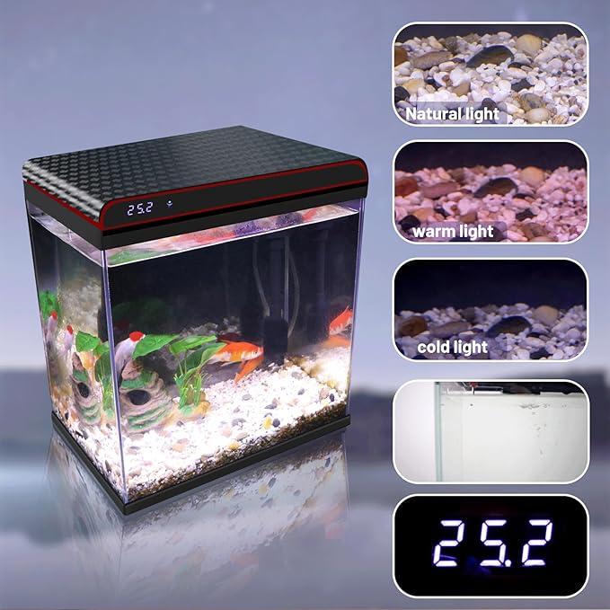 10 Gallon Glass Fish Tank Aquarium Starter Kit - Self-Cleaning with 3-Color LED Lights, Ultra-Quiet Pump & Filter, Smart Temperature Monitoring for Betta, Shrimp, and Tropical Fish