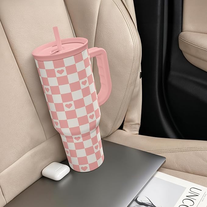 SANDJEST 40oz Checkered and Heart Tumbler with Handle and Straw - Insulated Stainless Steel Travel Coffee Mug for Women Girls, Gift for Birthday, Christmas