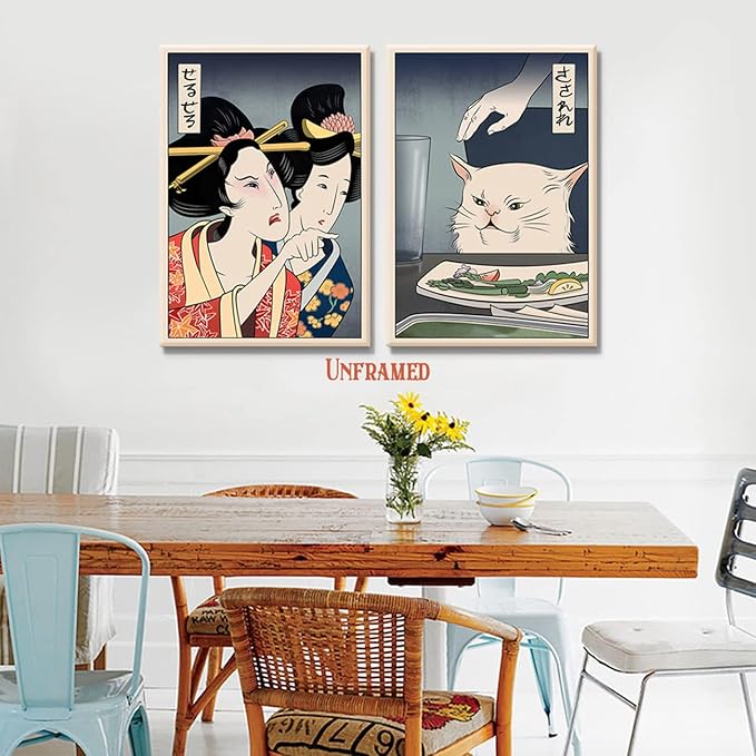 2 Funny Cute Canvas Paintings Japanese Woman Yelling at Cat Eat Food Poster Print Vintage Wall Art Meme Pictures Dining Room Kitchen Hallway Unframed 12x16 inches…