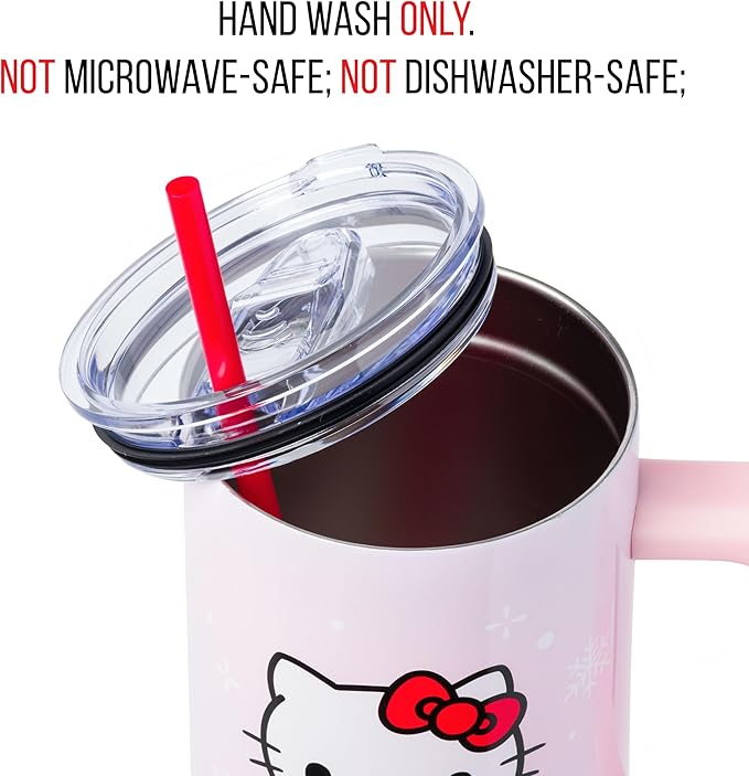Silver Buffalo Sanrio Hello Kitty Christmas Holiday Dress and Matching Bow Snowflakes Stainless Steel Tumbler with Handle and Straw, Fits in Standard Cup Holder, 40 Ounces