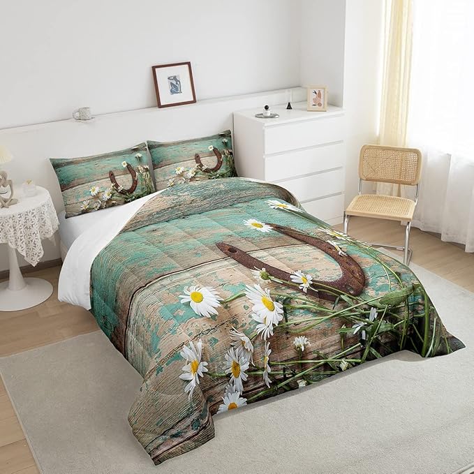 Rustic Farmhouse Bedding Set Teal Country Wooden Barn Door Down Comforter Queen Western Horseshoe Daisy Decor Comforter Set for Kids Boys Girls Teen Cowboys Cowgirls Quilt Duvet Sets 2 Pillow Cases