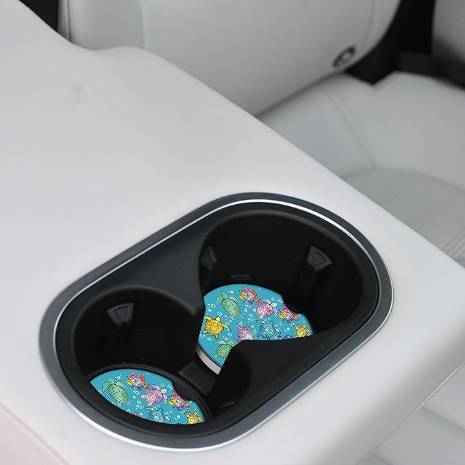 Sea Turtles Ceramic Cup Holders Car Coasters Set for Women/Men,Drink Cup Car Holder Coasters with A Finger Notch 2.56" Pack of 2.