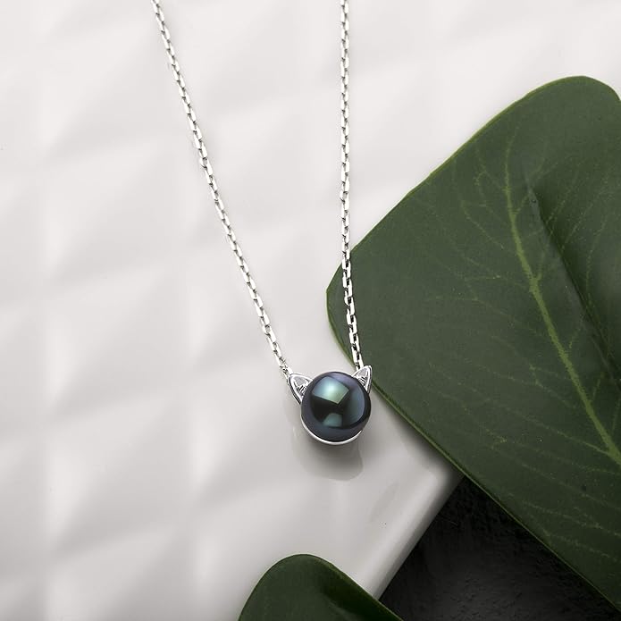 S.Leaf Cat Pearl Necklaces For Women Sterling Silver Cat Lovers Lady Gifts Pearl Opal Jewelry Pendant Collarbone Charm Necklace Best Friend Birthday Gifts for Women Trendy Sister Mom Wife Womens Her Friend Party