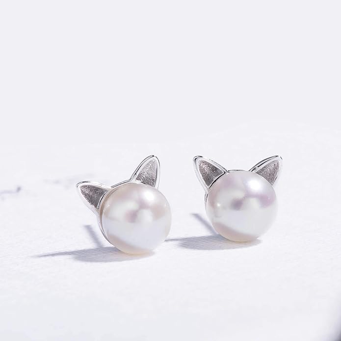 S.Leaf Cat Earrings Pearl Earrings Sterling Silver Earrings for Women Cat Memorial Gifts Cat Gifts for Cat Lovers Cat Jewelry for Women