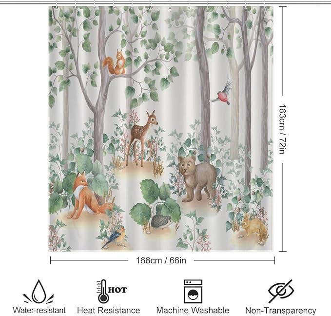 Rustic Woodland Shower Curtains for Bathroom Decor, Cute Cartoon Forest Wild Animal Bear Deer Fox Pattern Decor Print Bath Drapes Set with Hooks, Waterproof Fabric Windows Treatment, 66x72in
