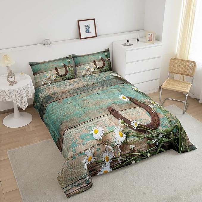 Rustic Farmhouse Bedding Set Teal Country Wooden Barn Door Down Comforter Queen Western Horseshoe Daisy Decor Comforter Set for Kids Boys Girls Teen Cowboys Cowgirls Quilt Duvet Sets 2 Pillow Cases
