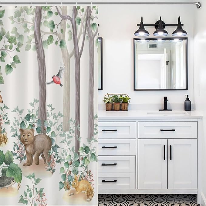 Rustic Woodland Shower Curtains for Bathroom Decor, Cute Cartoon Forest Wild Animal Bear Deer Fox Pattern Decor Print Bath Drapes Set with Hooks, Waterproof Fabric Windows Treatment, 66x72in