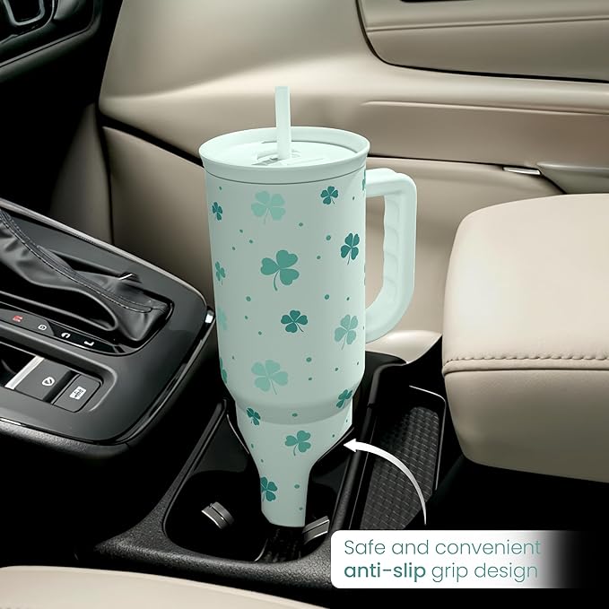 SANDJEST 40oz Shamrock Tumbler with Handle and Straw - Insulated Stainless Steel Coffee Travel Mug, Christmas St. Patrick's Day Irish Gifts