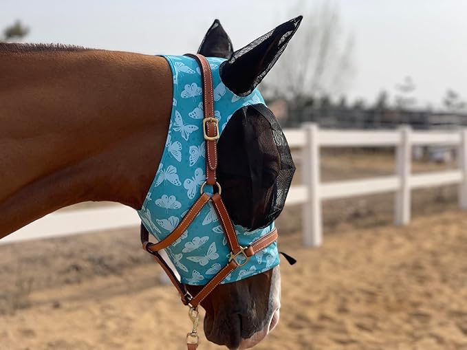 Horse Fly Mask Super Comfort Horse Fly Mask Elasticity Fly Mask with Ears We Only Make Products That Horses Like… (Lake Green, M)